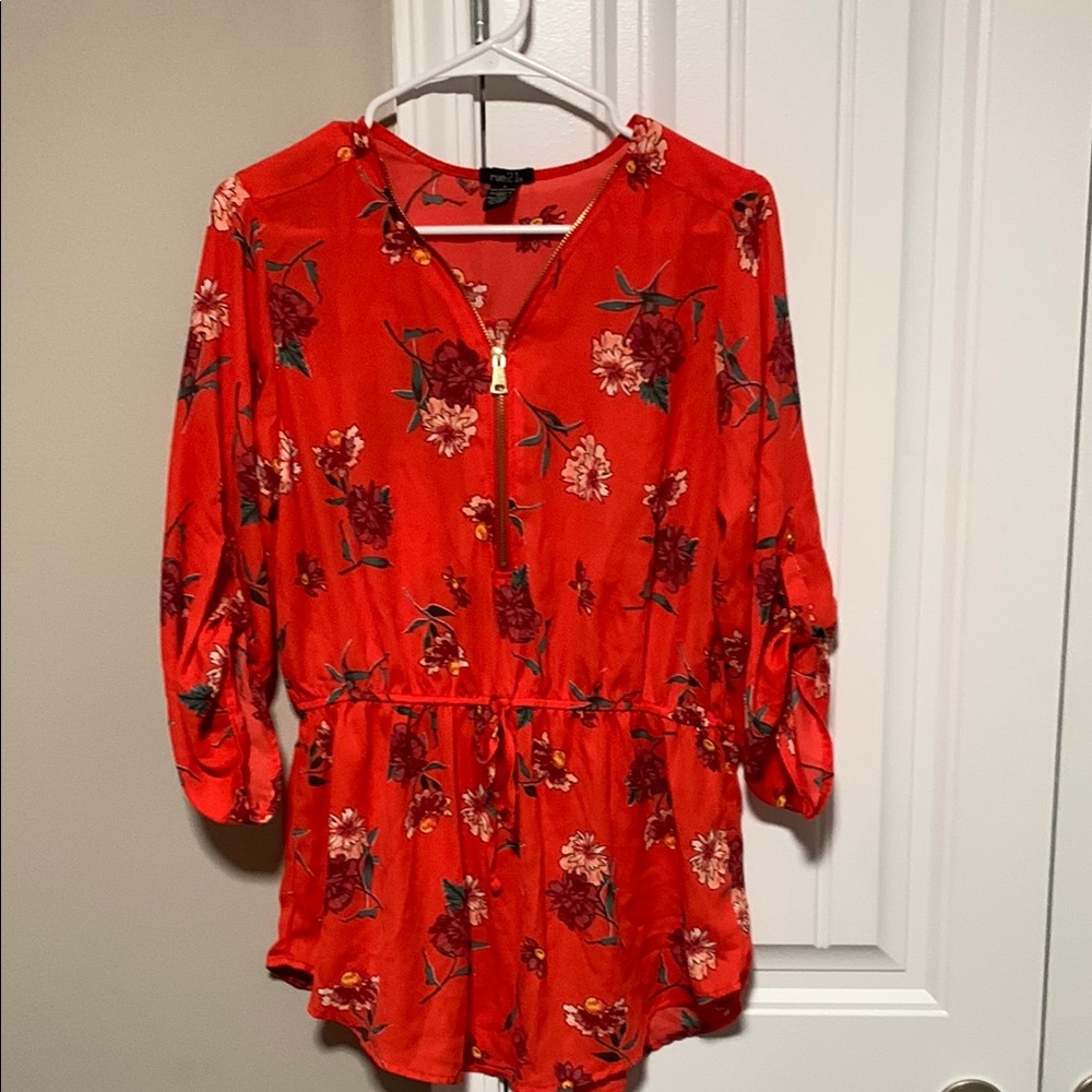 Floral Red Zippered Blouse